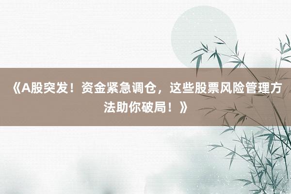 《A股突发！资金紧急调仓，这些股票风险管理方法助你破局！》